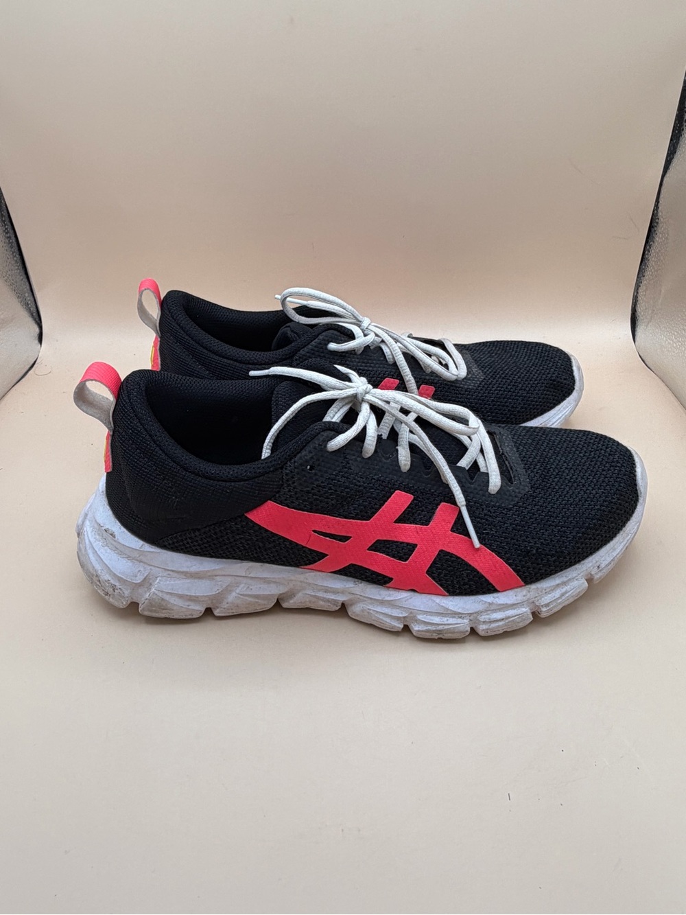 ASICS Women’s Size 9 Black Sneakers with Pink Brand Stripes and White Soles